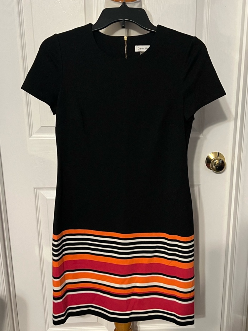 Calvin Klein Black Mini Dress with Orange and Pink Striped Hem